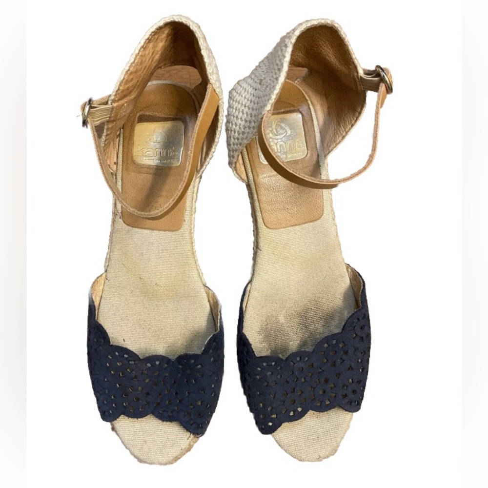 Kanna Navy and Taupe Peep-Toe Espadrilles, Ankle Strap, womens 7.5 made in Spain